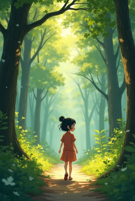 Young girl Mira walking back through the forest with a calm and confident expression.
On her way back home, Mira felt lighter. She had learned that self-reflection is like finding pieces of a puzzle and putting them together to see the whole picture.