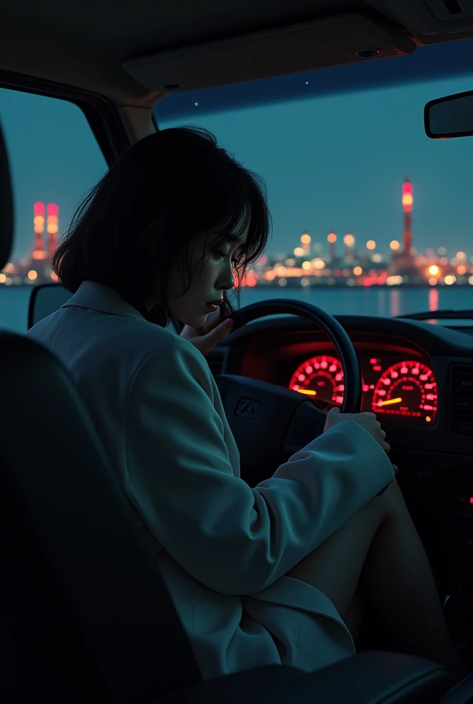 "An Japanese woman from the 1980s sits in the passenger seat of a car at night, wearing a stylish, oversized blazer. Outside the window, with red lights from a flaring industrial complex fires and night sky that as if the car a space station. The night sky...