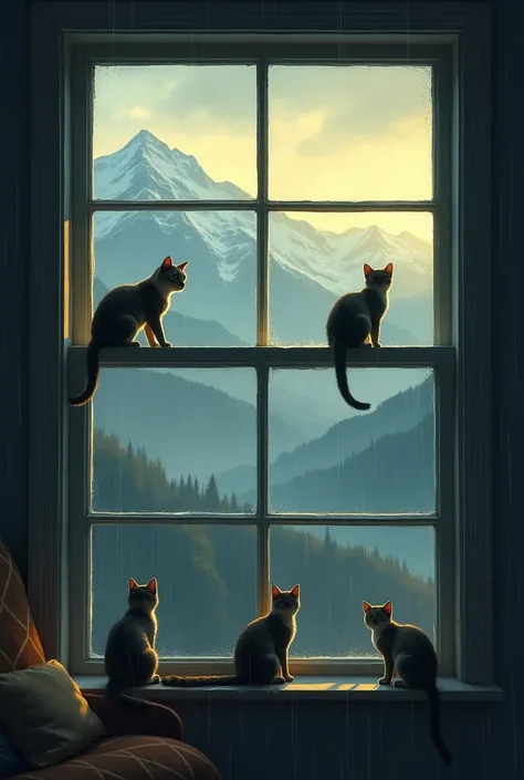 A rainy gloomy scenery from a window with snow caped mountains and cats climbing around with some yellow lighting in the house