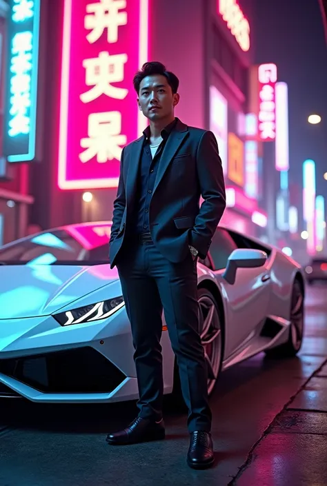 create a Korean man standing at the Lamborghini with color white and neon name at the background eyyy