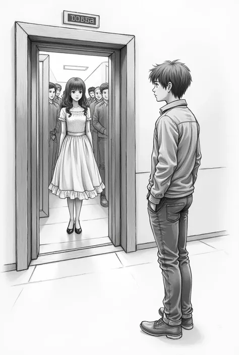 Need an pencil sketch diagram and the diagram need to represent "there is queue and a girl is waiting  on the queue to enter the lift ,girl is at 3rd position on the queue and a boy who Stand some far away from the girl and he is interested on the girl loo...