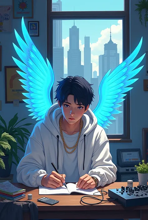  anime drawing, Man in urban clothing rapper, dj, listening to music, writing a song in a notebook, man with white clothes and blue wings, 