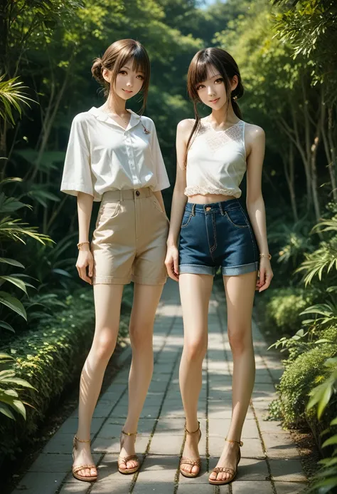 Generate a highly realistic full-body portrait of Misaki Hoshino, a 2 female digital artist. She is 165 cm tall with a slim build, a relatively large chest, and long slender legs. She has a natural Japanese skin tone and is wearing a casual yet stylish out...