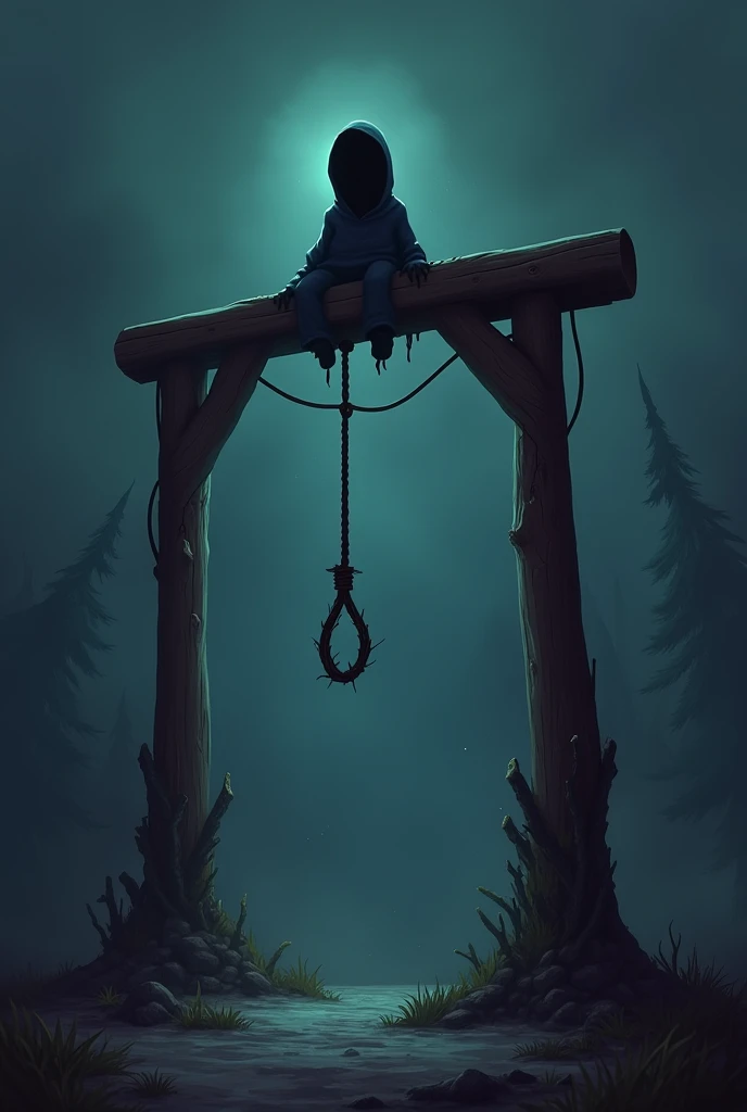  3d Cartoon Style Gallows Imagery: A somber depiction of a gallows with a shadowy figure, symbolizing the impending execution