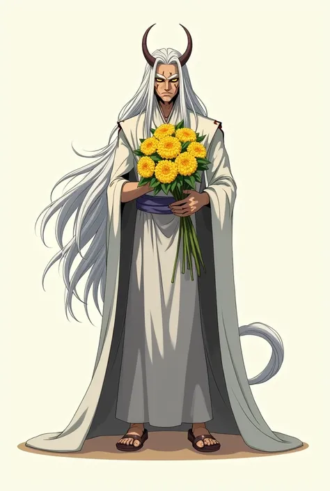 Sesshomaru from the front handing over a bouquet of yellow flowers, With an anime style
