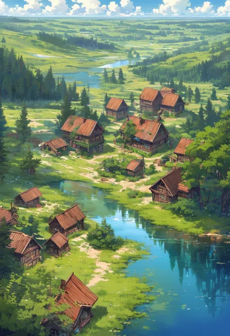 Picturesque Russian village on an early summer day. In the foreground are green fields, overgrown with tall grasses, drowning in sunlight. In the center there is a small lake with crystal clear water., reflecting the blue sky. Traditional wooden houses wit...