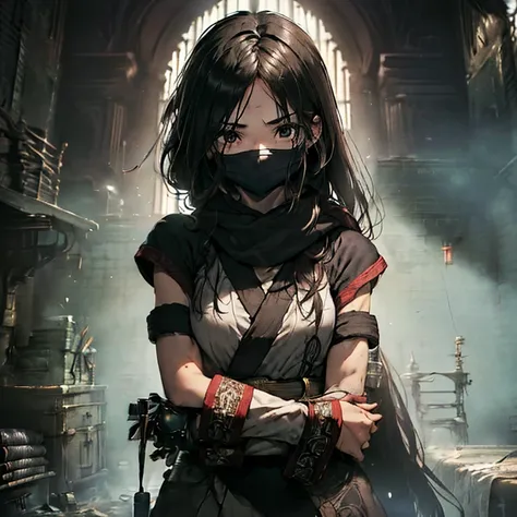 ((​masterpiece、top-quality、hight resolution、Unity 8k、extremely details CG:1,Best Picture), ((solo, 1girl, upper body, Dirty appearance, dirty red ribbons, dirty black hair, black mask)), nakorurums, red ribbon, Generate an image of a female thief standing ...