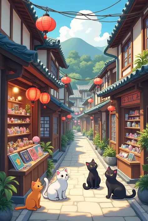 Une image avec une boutique artisanal de vêtements et bijoux de style japonaise mignonne avec des chats de toute les couleurs devant.