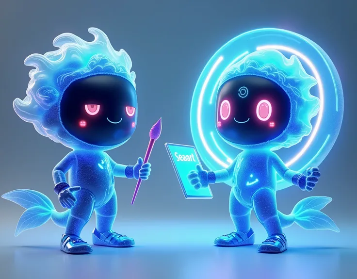 Two pictures side by side，Design a unique cartoon mascot character named &quot;ArtWave&quot;，Represents a futuristic AI art platform called &quot;SeaArt&quot;。The character has a flowing liquid body made of holographic light waves，A fusion of organic and m...