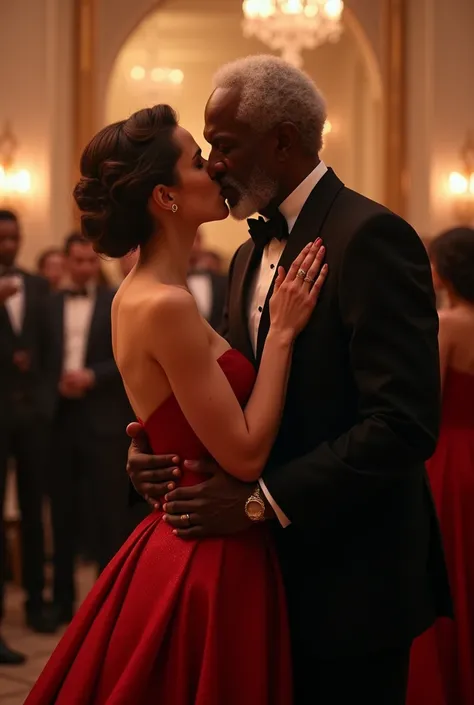 Emma Watson, red evening dress, at party, embraces and kisses Morgan Freeman
