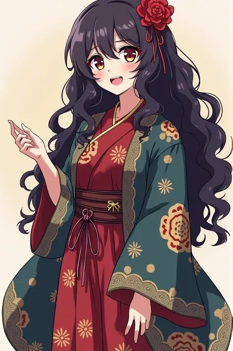 a girl with long curly hair, loose hair, a Hashira dress and a Memsia robe, special Hashira pants from the anime Kimetsu no Yaiba