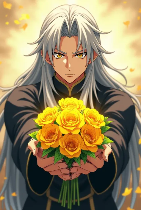 Sesshomaru from the front handing over a bouquet of yellow flowers, with a retro anime style
