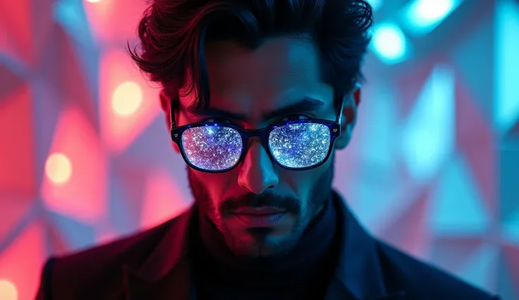 Portrait of an attractive Indian Man with black hair wearing gothic costume, (Very detailed: 1.2), Hyper-detailed eyes and use of high-tech sunglasses with holographic display 1.2) ,Beautiful multidimensional geometric wall, Vibrant vivid color coloring,