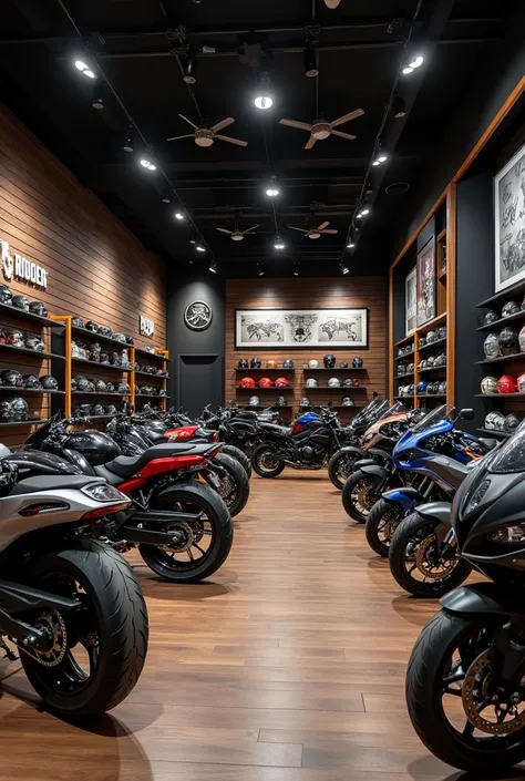 High quality themed and experienced motorcycle shop 30 square meter space with accessories and helmets , all organized creating experience  , with motorcycles and mannequins 