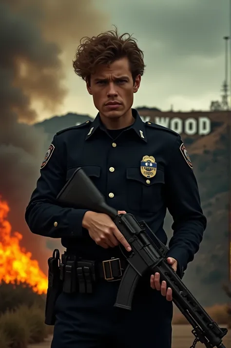 5 Corey Haim wearing black uniform with gun in hand with Hollywood sign with fire and smoke 