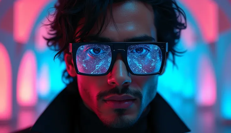 Portrait of an attractive Indian Man with black hair wearing gothic costume, (Very detailed: 1.2), Hyper-detailed eyes and use of high-tech sunglasses with holographic display 1.2) ,Beautiful multidimensional geometric wall, Vibrant vivid color coloring,