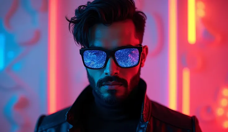 Portrait of an attractive Indian Man with black hair wearing gothic costume, (Very detailed: 1.2), Hyper-detailed eyes and use of high-tech sunglasses with holographic display 1.2) ,Beautiful multidimensional geometric wall, Vibrant vivid color coloring,