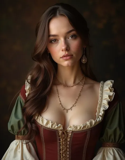 female, 16th century style, decolletage dress, sagging breasts, cleavage, wavy hair, cute face,