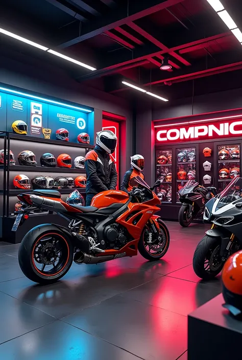 High quality themed and experienced motorcycle shop 30 square meter space with accessories and helmets , all organized creating experience  , with motorcycles and mannequins a little more colorful for sports bikes 