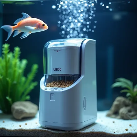 make a picture of a fish feeding tool and detect the health of fish in the water. The tool has a fish feeder and an automatic detection sensor in the aquarium which can be connected to the users cellphone.