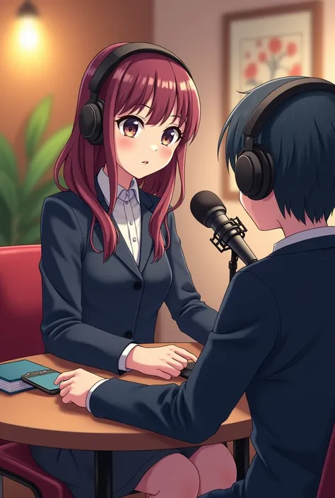 Image of school student 10th grade anime style and sitting on an podcast style like interview someone on 