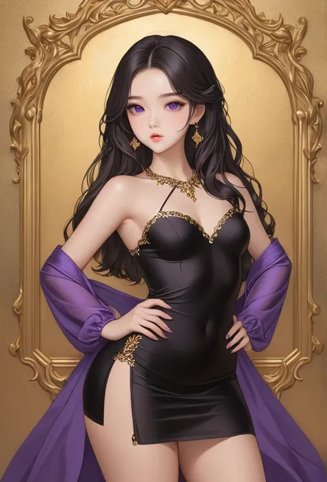 a beautiful woman with wide hips, thick thighs, gorgeous eyes, a beautiful body, small breasts, wearing a short silk dress and underwear, giving a tempting look, with abs, a plump body shape, long wavy black hair, big purple eyes, ulzzang style, in a sexy ...