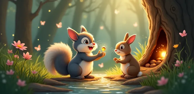 Pip, a playful grey squirrel with a fluffy tail, stands proudly in front of a hollow tree trunk where his secret stash of shiny, enchanted acorns is stored. The acorns glow with soft light, casting a magical aura around them. Pip is mid-giggle, with his ti...