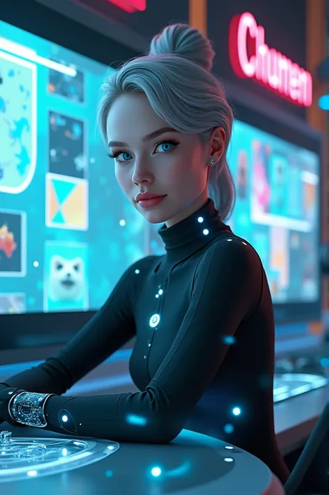 Generate a high-quality image of a futuristic AI Image Creator Expert. The character is positioned in a sleek, high-tech workspace surrounded by advanced tools and holographic interfaces, showcasing AI-generated images in various stages of completion. The ...