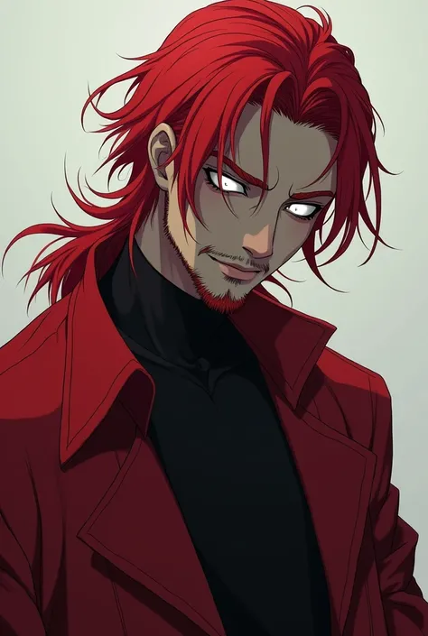 A 30 year old red haired man, with medium length hair and a thin beard, bright white eyes with no pupils and a sinister smile looking sideways at the camera, wearing black clothes and a red coat.. Make anime style