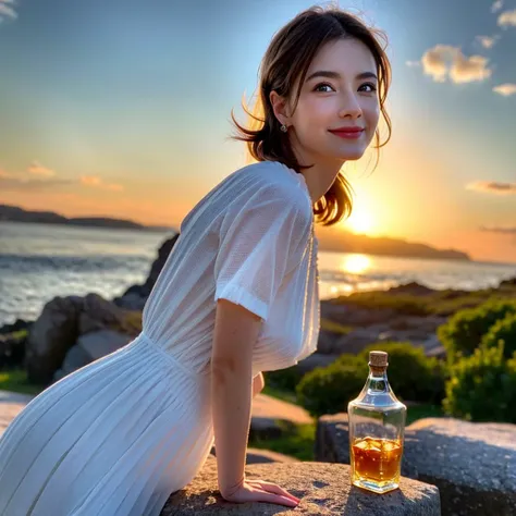 (Realistic, 超Realistic:1.4), 16K HDR, High resolution,((Whiskey Glass)),((Whiskey Bottle)),((Whiskey Glass)),Happy Smile、Short Hair,The best smile、Japanese Actress,so beautiful(It looks like the real thing),Evening Dresses,Cocktail Dresses、Whiskey Bottle、T...