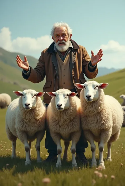 The uncle and three sheep are standing there in shock.