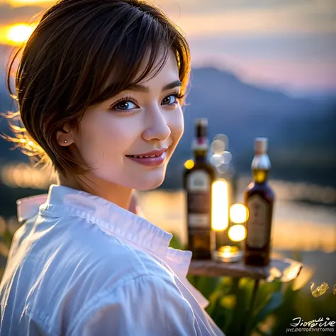 (Realistic, 超Realistic:1.4), 16K HDR, High resolution,((Whiskey Glass)),((Whiskey Bottle)),((Whiskey Glass)),Happy Smile、Short Hair,The best smile、Japanese Actress,so beautiful(It looks like the real thing),Evening Dresses,Cocktail Dresses、Whiskey Bottle、T...