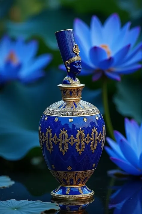 Magnifique flacon de parfum égyptien de style Cléopâtre avec du lapis-lazuli et de lor, déesse égyptienne allée dessus , posé sur des fleurs de lotus bleu 