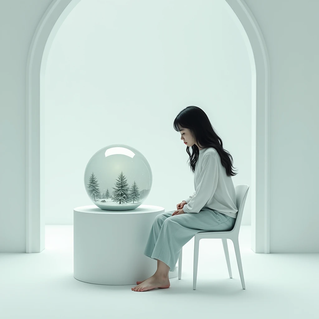 A woman in white casual clothes sits with her knees hugged、Black Hair、The world inside a crystal snow globe、White Room、White chair、、
