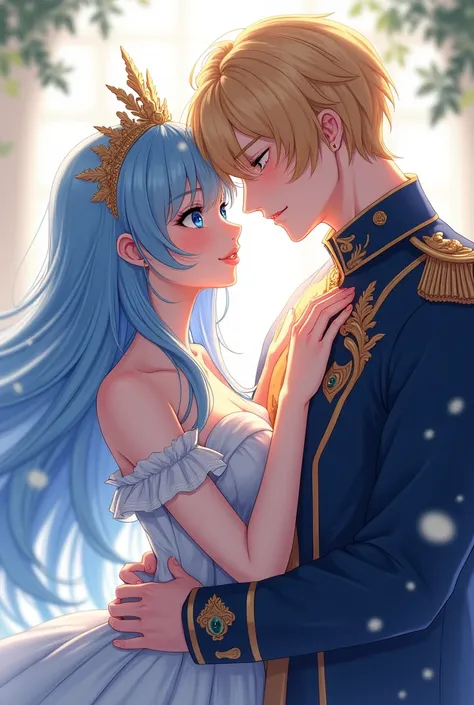 Cover of a romantic novel with a picture of a handsome man dressed in royal style with short golden hair and blue eyes. There is also a beautiful woman as his partner, The woman had long, straight light blue hair and blue eyes and was wearing a princess-st...