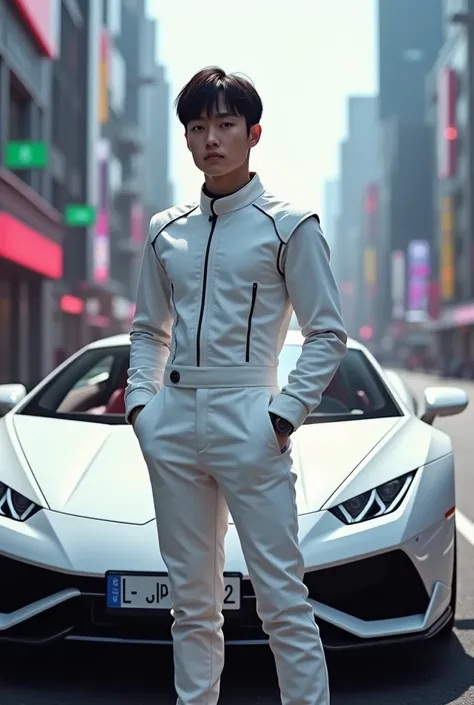 create a twenty year old Korean man standing outside white Lamborghini wearing a racing outfit and the top is white his background is LED name Eyyy 