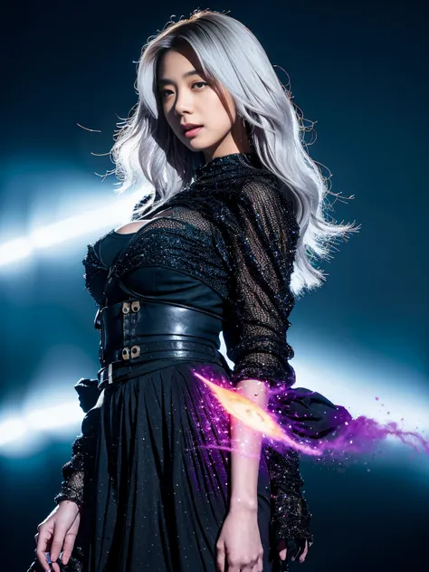 Futuristic Femme Fatale、「Asteroid Angel」teeth、Standing on the cliffs of a swirling nebula、Her silver hair is ablaze with cosmic energy.。She raised her blaster.、突き刺すような青い目teeth星のように輝き、鎧teethエレクトリックブルーのアクセントで輝きます。Gas giants loom large in the background、The r...