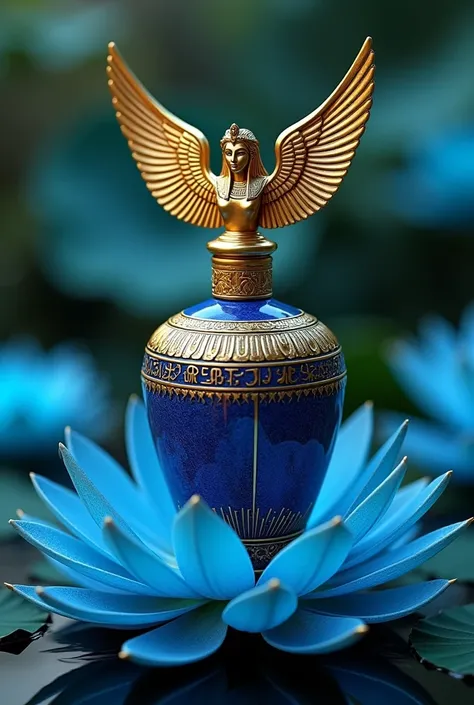 Magnifique flacon de parfum égyptien de style antique , avec du lapis-lazuli et de lor, déesse égyptienne dor ailée dessus , posé sur des fleurs de lotus bleu