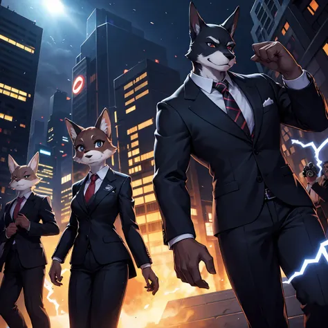 in the foreground, on the sides, there are only two furry characters in business suits, in the background there is a dark crowd ...