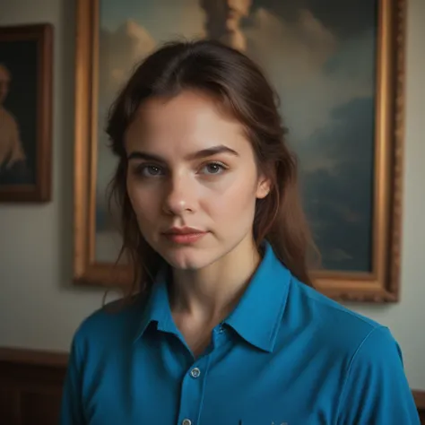 a woman with a large pointed nose, beautiful full brown beard, wearing a blue polo shirt, (best quality,4k,8k,highres,masterpiece:1.2),ultra-detailed,(realistic,photorealistic,photo-realistic:1.37),intricate details,cinematic lighting, atmospheric, hyper d...