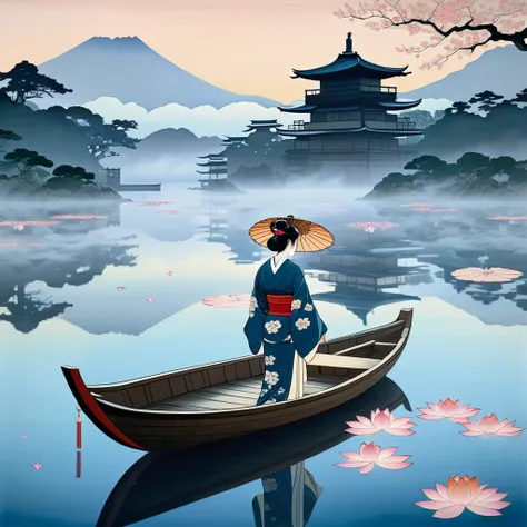 ukiyo-e style painting, An ethereal scene of a young woman in a kimono standing on a misty lake at dawn. Shes in a wooden boat surrounded by lotus flowers, some shaped like hearts. In the distance, a traditional Japanese castle emerges from the mist, its r...