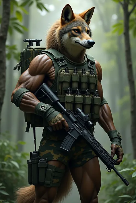 Maned wolf human body camouflage clothing rifle and vest with grenades