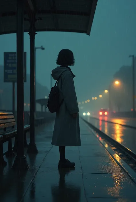 Girl standing alone on the platform waiting for the bus on a rainy night