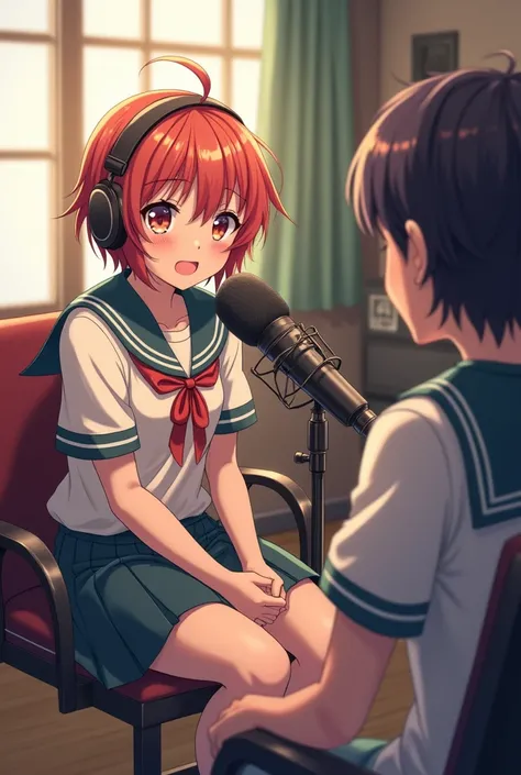 Image of school student 10th grade anime style and sitting on an podcast style like interview someone on 