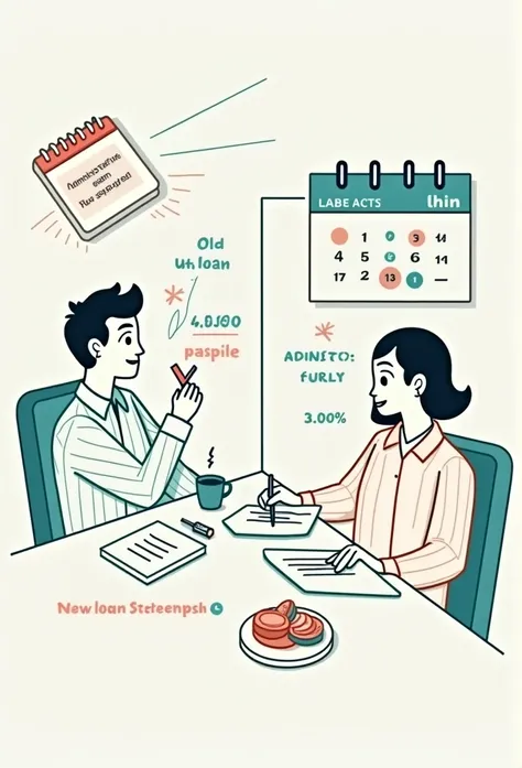 Create an illustration showing a financial scenario where a person is comparing two different loan interest rates. One rate is labeled Old Loan at 4.50% and the other New Loan at 3.50%. The image should depict the person calculating costs such as administr...