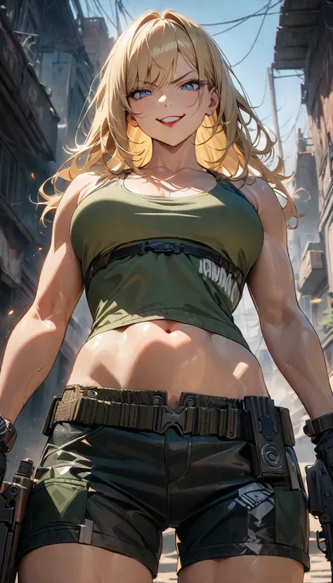 adult woman, long blonde hair, blue eyes, red lipstick, smirk, green tank top, open belly, muscles, shorts, guns, commandos, Masterpiece, best quality, Full HD, 8k, ultra details, great graphic