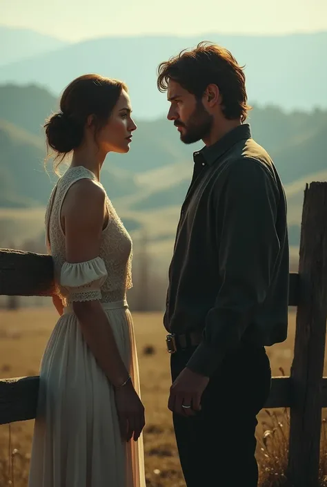 Image of a woman and a man behind a fence each person on one side for a professional and attractive novel cover 