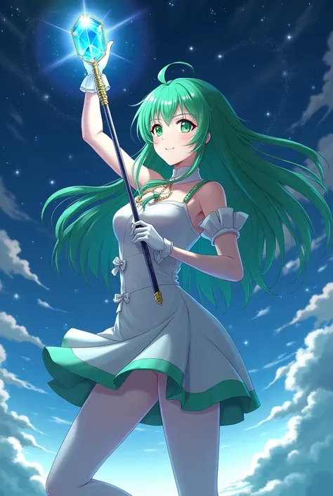 Green long hair anime girl，White Gloves，short skirt dress，white pantyhose，Night sky，Gemstone huge magic wand，Anime comic style，1