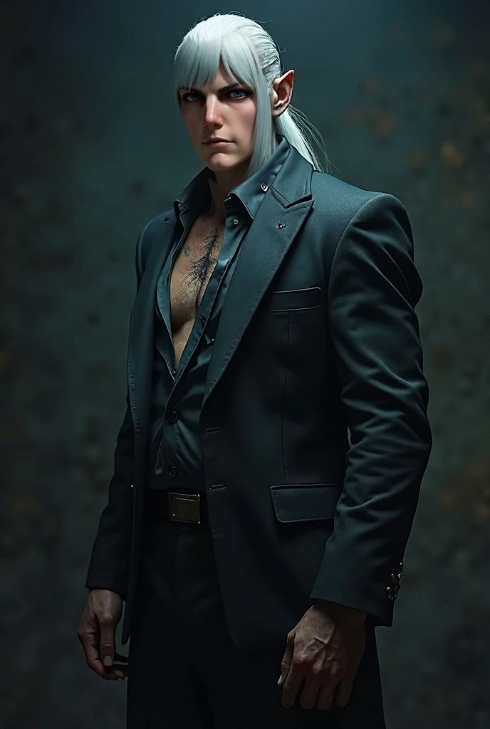 highly detailed portrait of a man, elf man, muscular body, scarred body, pale skin, black suit with tie, loose tie, unbuttoned shirt, mafia boss, (best quality, 4k, 8k, high resolution, masterpiece: 1.2), ultra detailed, (realistic, photorealistic, photore...