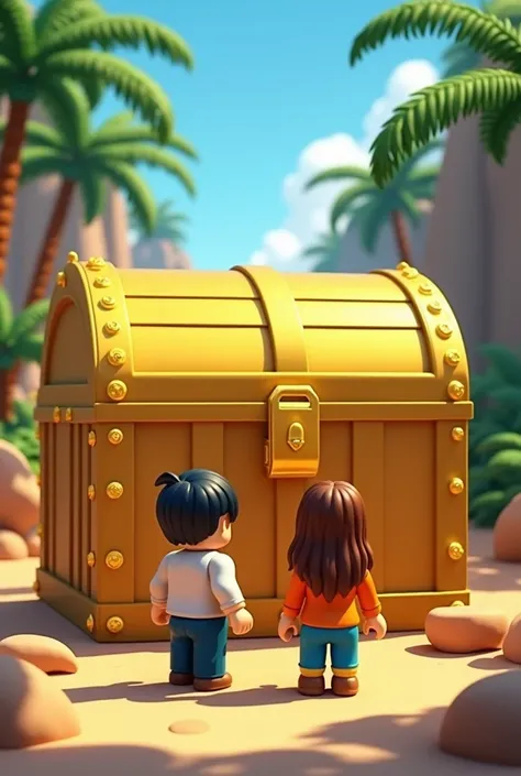 ROBLOX BUILD A BOAT FOR TREASURE THUMBNAIL IN FRONT OF A GOLDEN TREASURE CHEST WITH TWO PEOPLE STANDING